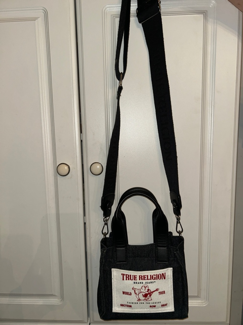 Gently Used Black True Religion Denim Purse with Guitar Strap